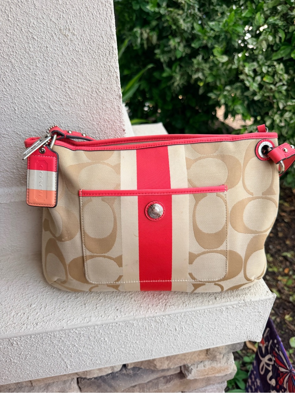 Coach 22418 Signature Stripe Shoulder Bag Khaki Coral Red Jacquard Leather